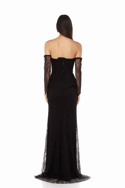 Kahverengi Peplum Detaylı  Dantelli Abiye  Elbise